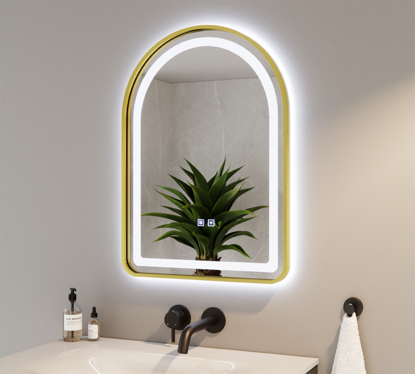 LED Tricolor Semi-Universal Mirror in Gold Frame with Warming Mat 50x70cm VANESSA